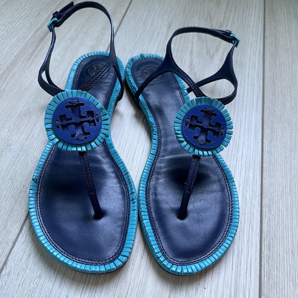 Tory Burch Navy and Turquoise Thora Sandals - Size 7